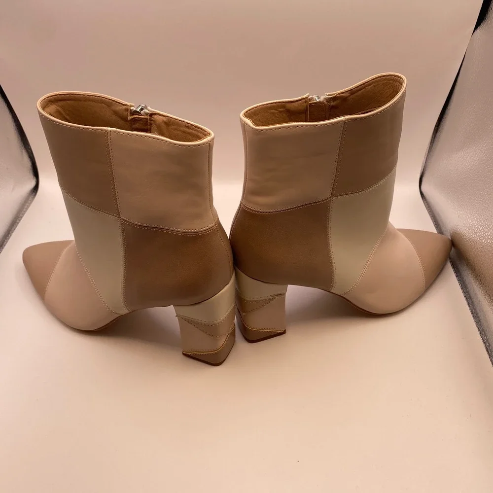 Madden Girl Flex-P Patchwork Ankle Boots Beige Tan Block Heel Pointed Toe Size 9 - Picture 3 of 8